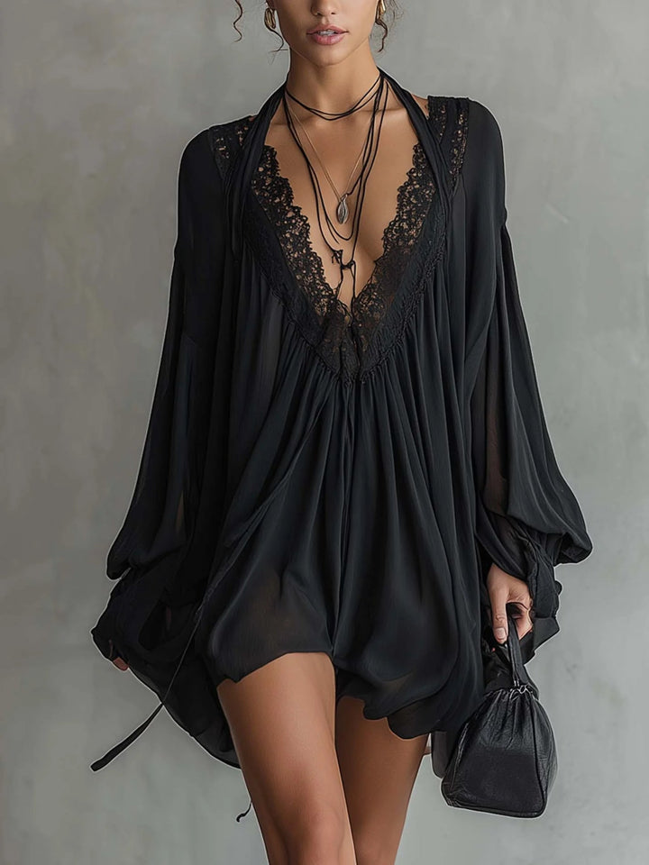 Mini Robe Cassandre — col en dentelle, manches volumineuses