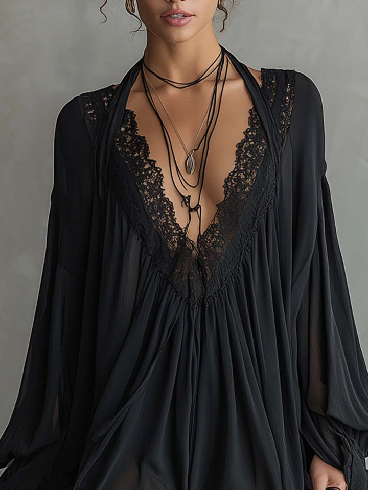 Mini Robe Cassandre — col en dentelle, manches volumineuses