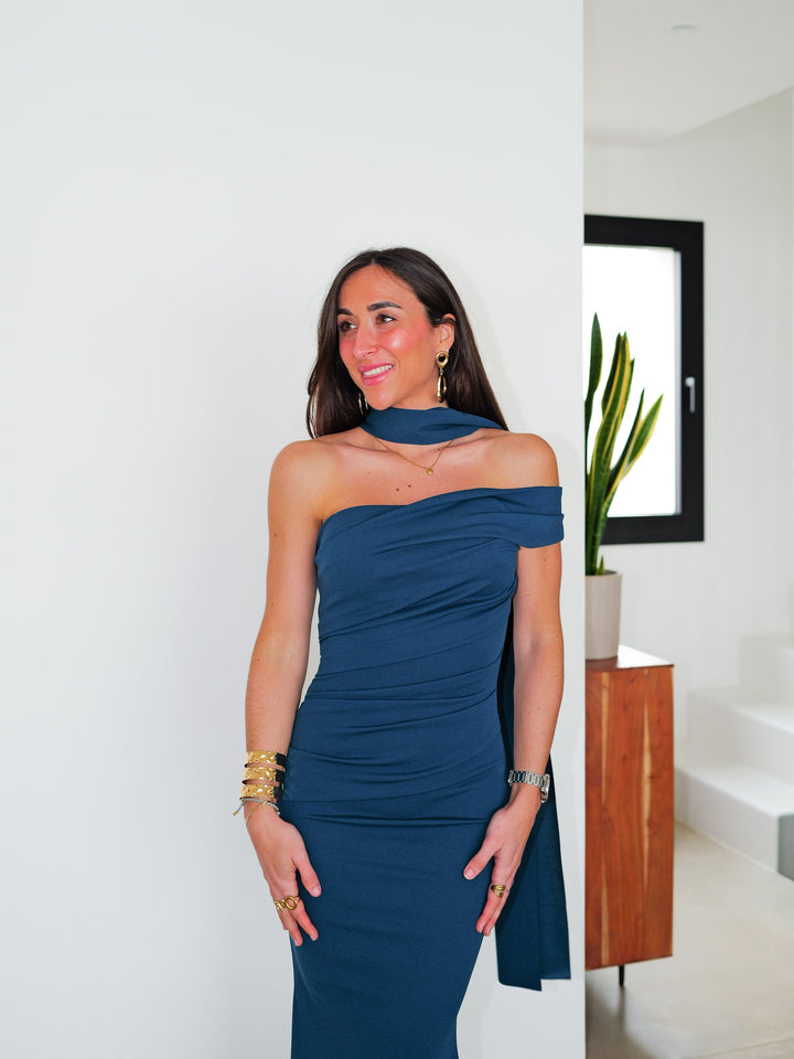 Robe Léa — asymétrique, fronces, choker, pétrole