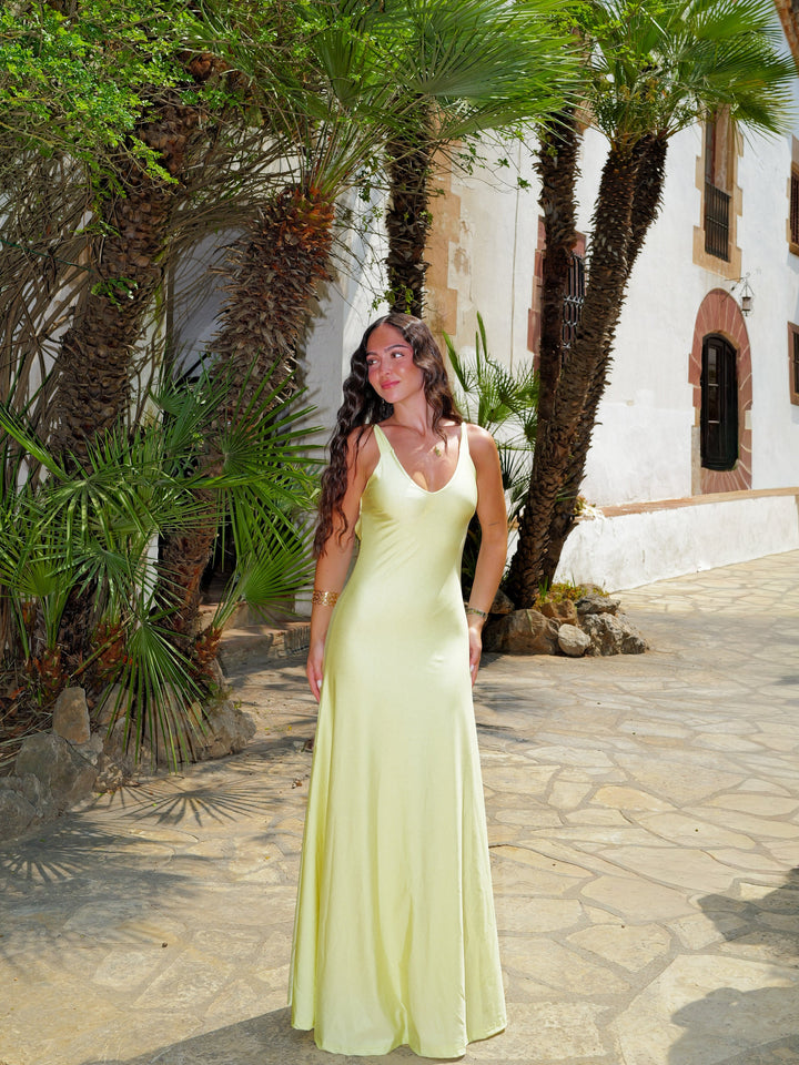 Robe Suzanne — col V, dos croisé, volée, jaune