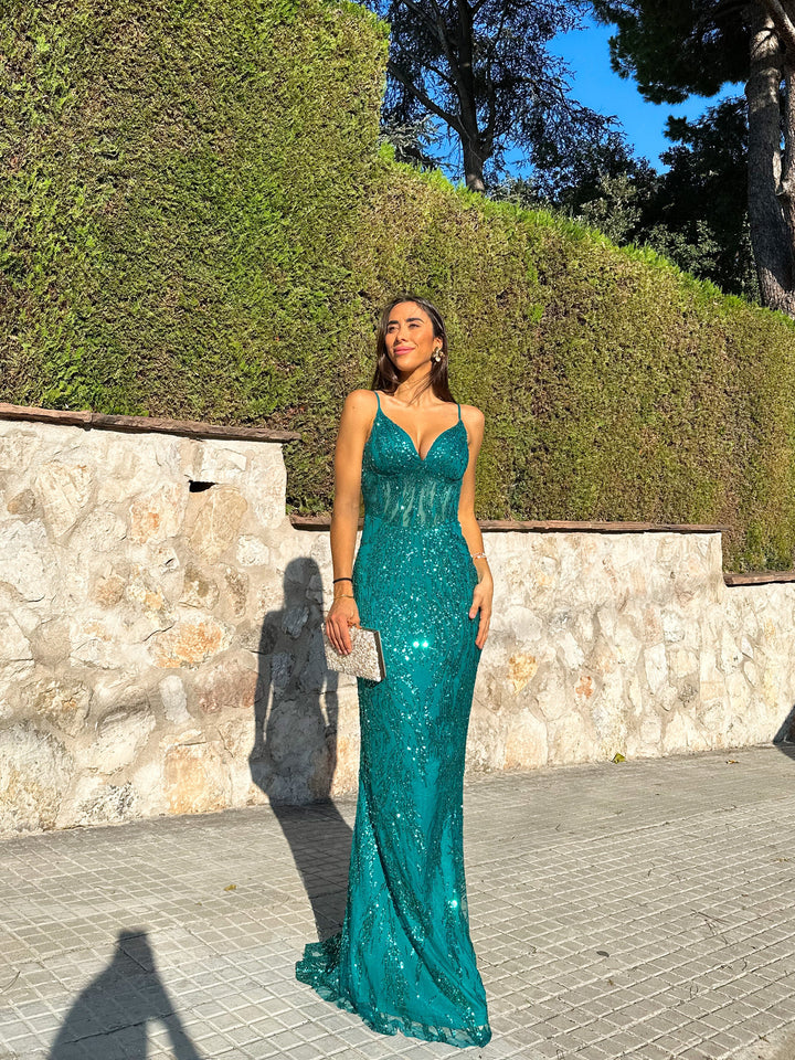 Robe Sylvie — sirène, corsé strass vert bouteille, col V