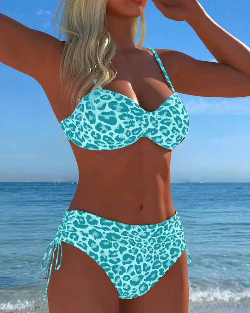 Maillot De Bain Lacé Imprimé Léopard Deux Pièces