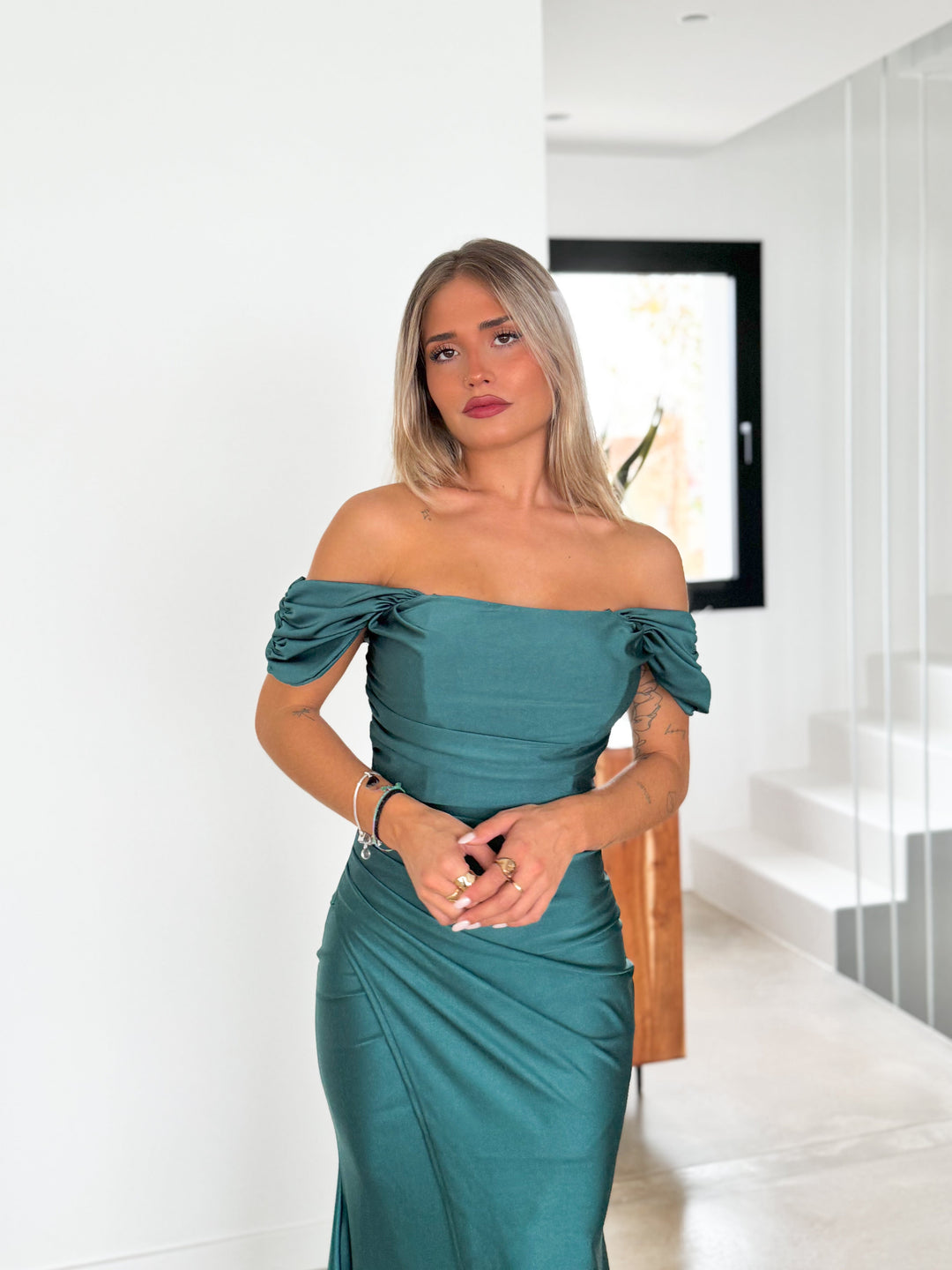 Robe Garance — sirène, manches courtes, vert bouteille