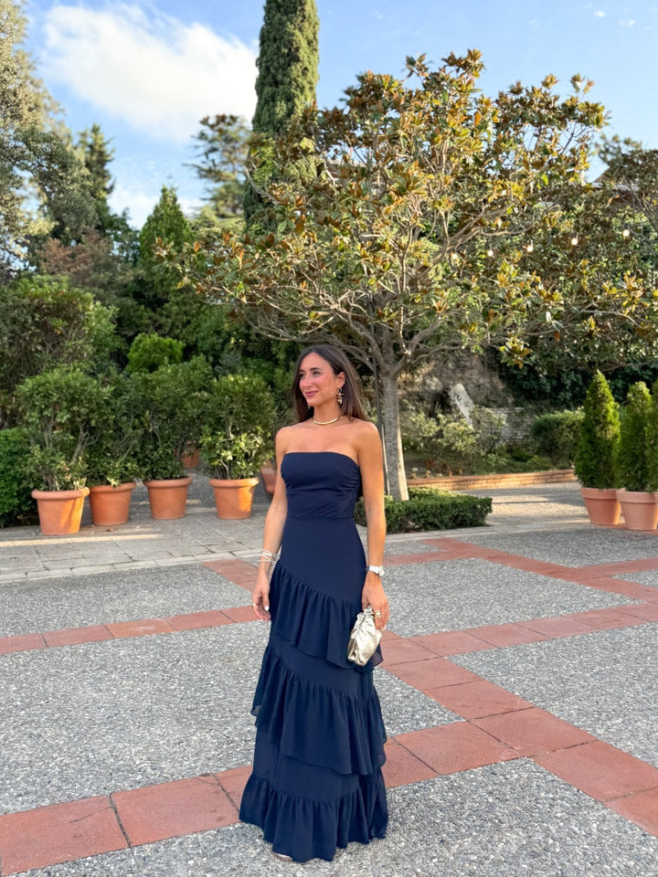 Robe Solange — bustier, volants, crêpe, marine
