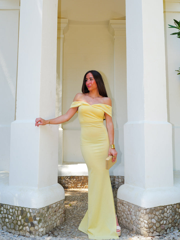 Robe Victoire — bardot, effet nœud, jaune