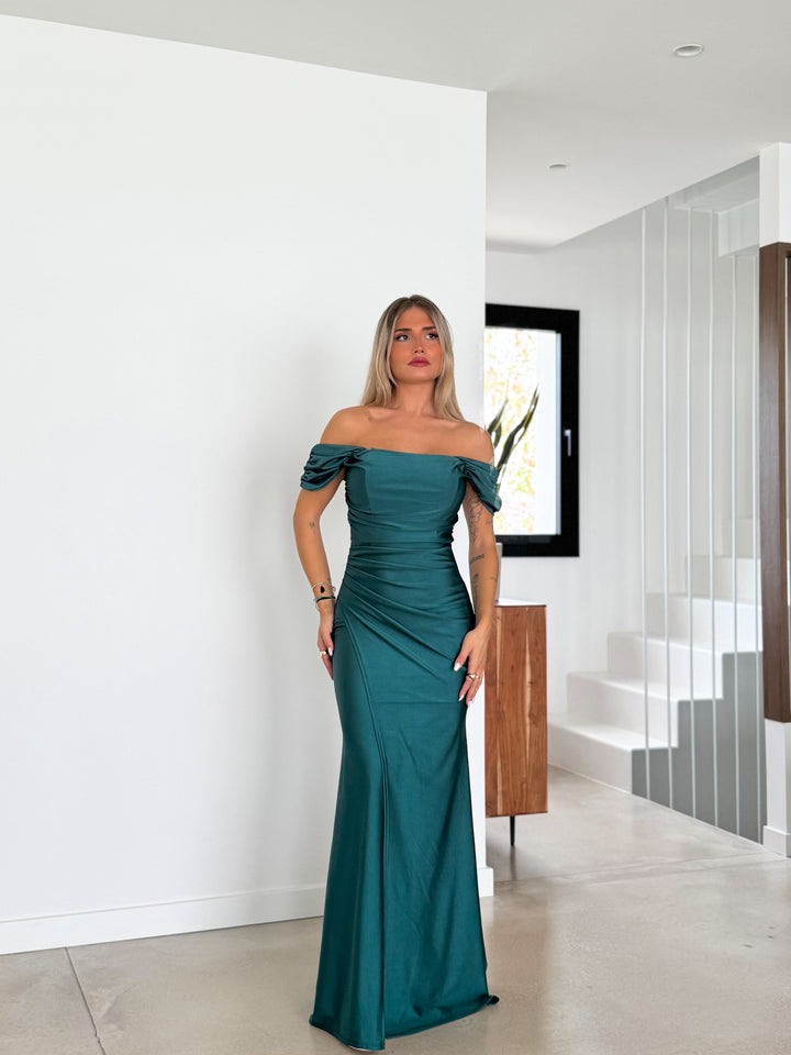Robe Garance — sirène, manches courtes, vert bouteille