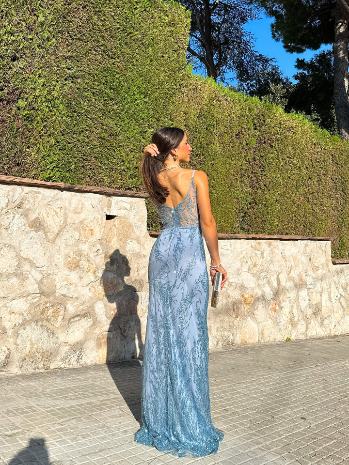 Robe Lune — sirène, corsé strass bleu ciel, col V