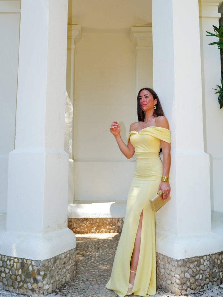 Robe Victoire — bardot, effet nœud, jaune