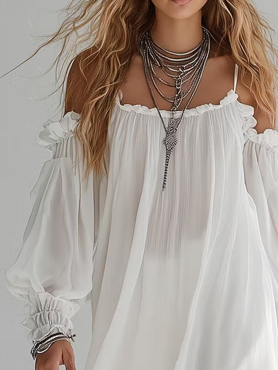 Mini Robe Romane — épaules dénudées, coupe flottante