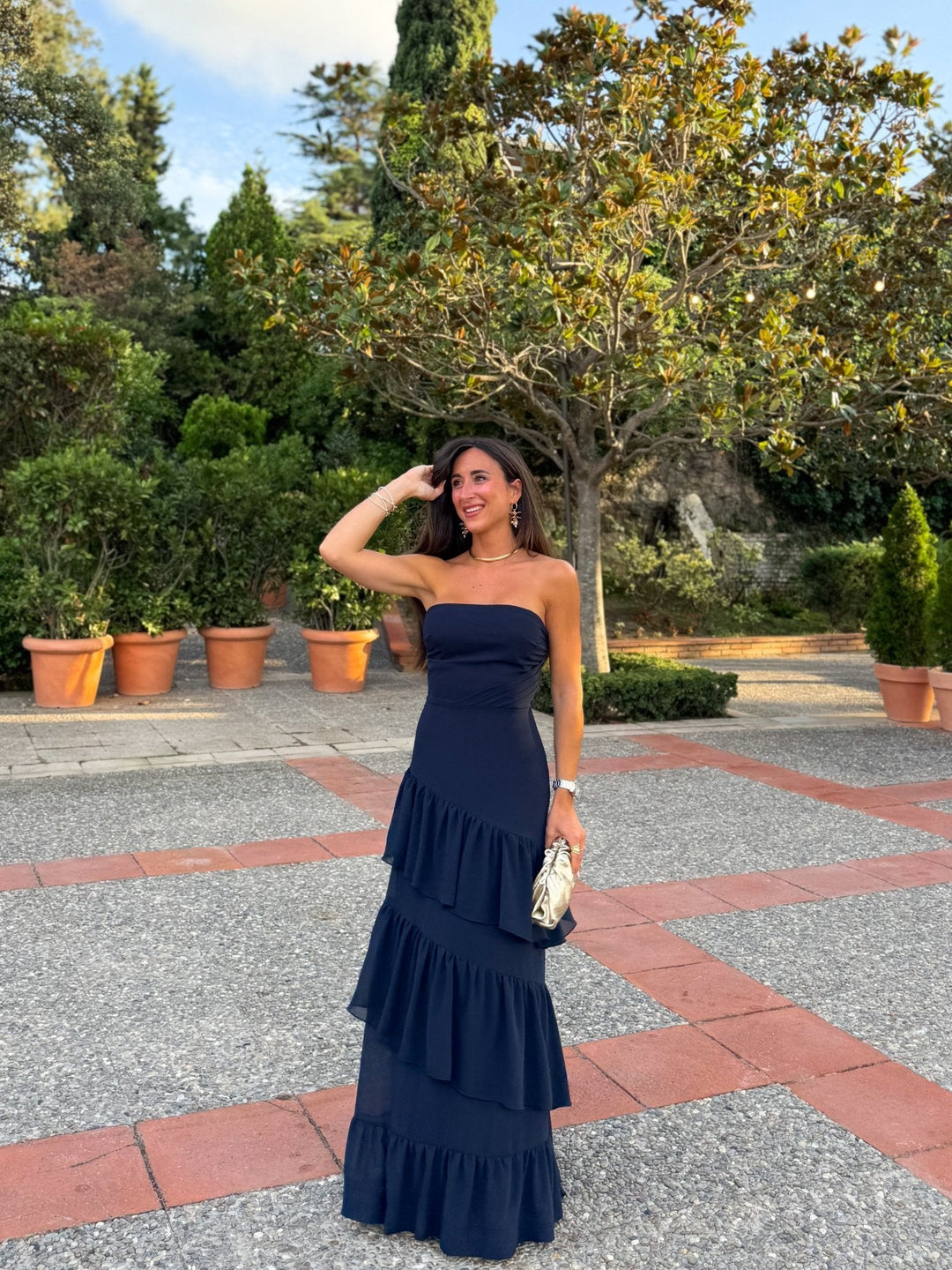 Robe Solange — bustier, volants, crêpe, marine