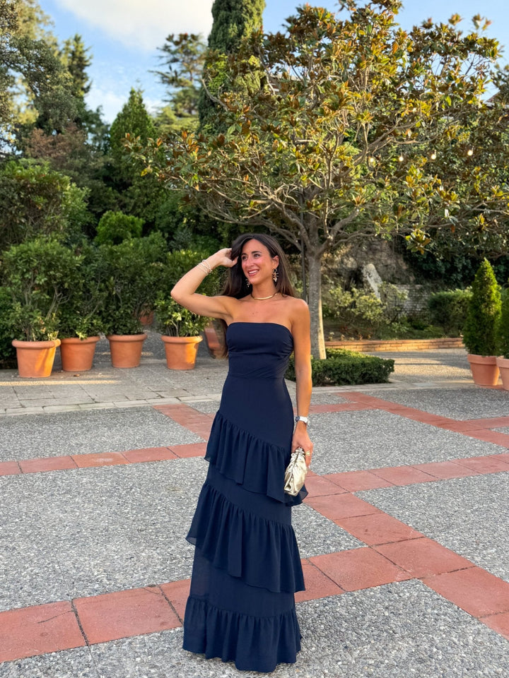 Robe Solange — bustier, volants, crêpe, marine