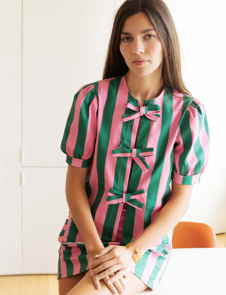 Blouse à rayures roses & vertes Orela