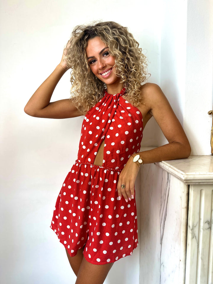 Combishort Suzanne, imprimé à pois, col noué