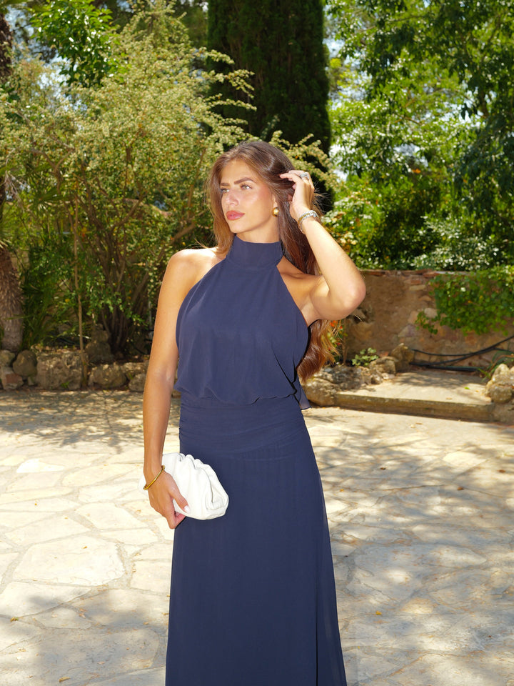 Robe Ondine — halter noué, drapé taille, fente, marine