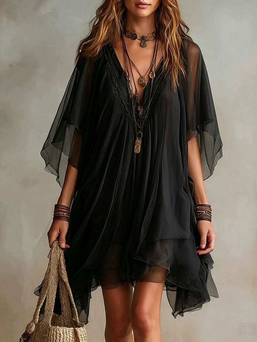 Mini Robe Émeraude — col en V, volants superposés
