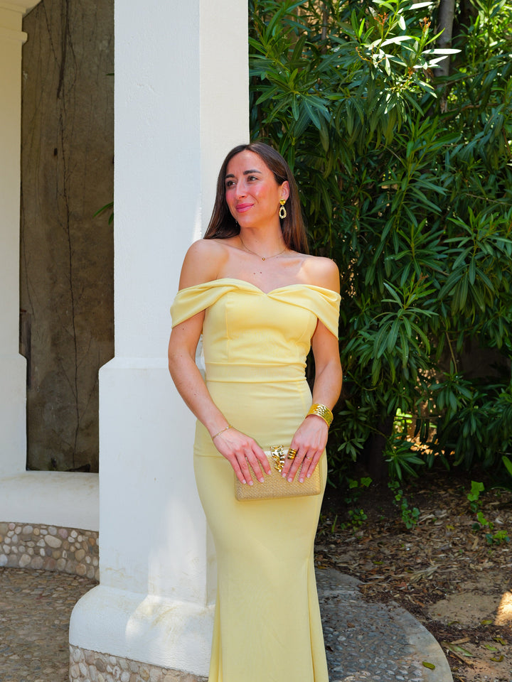 Robe Victoire — bardot, effet nœud, jaune