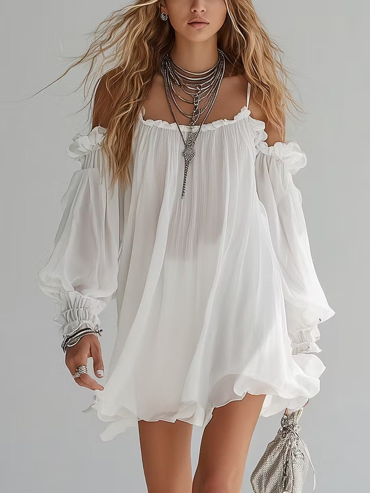 Mini Robe Romane — épaules dénudées, coupe flottante