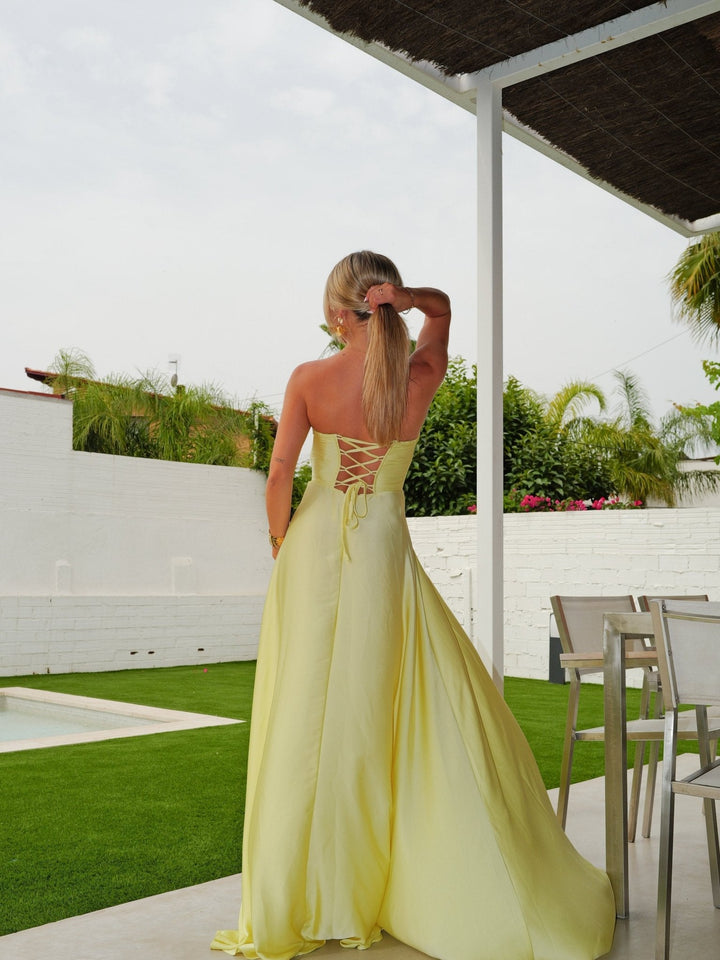 Robe Citron — princesse, corsé laceré, satin, vert citron