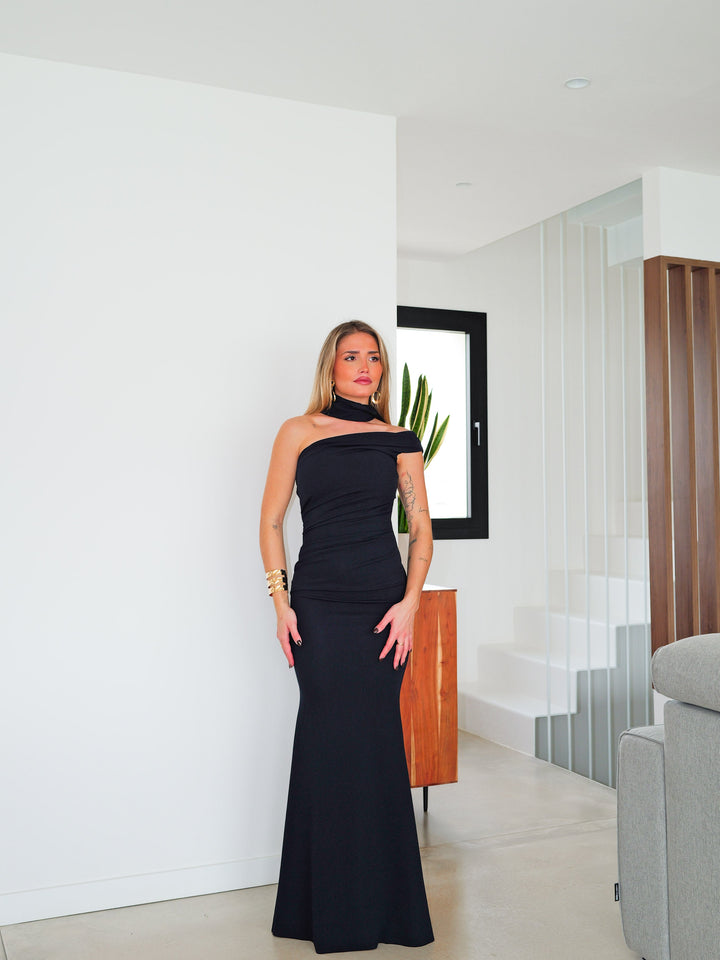 Robe Constance — asymétrique, fronces, choker, marine