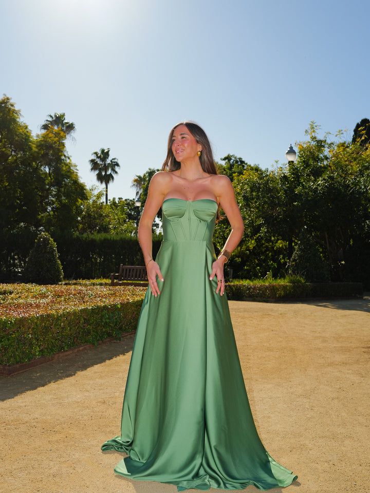 Robe Olive — princesse, corsé laceré, satin, olive