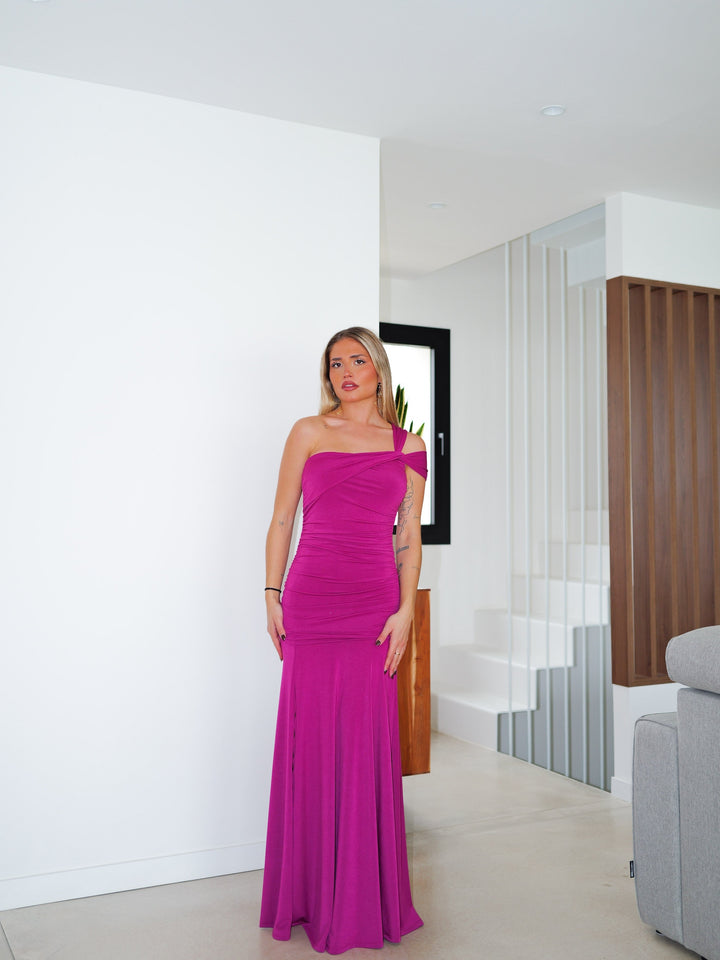 Robe Pivoine — asymétrique, nœud, jupe évasée, bougainvillée