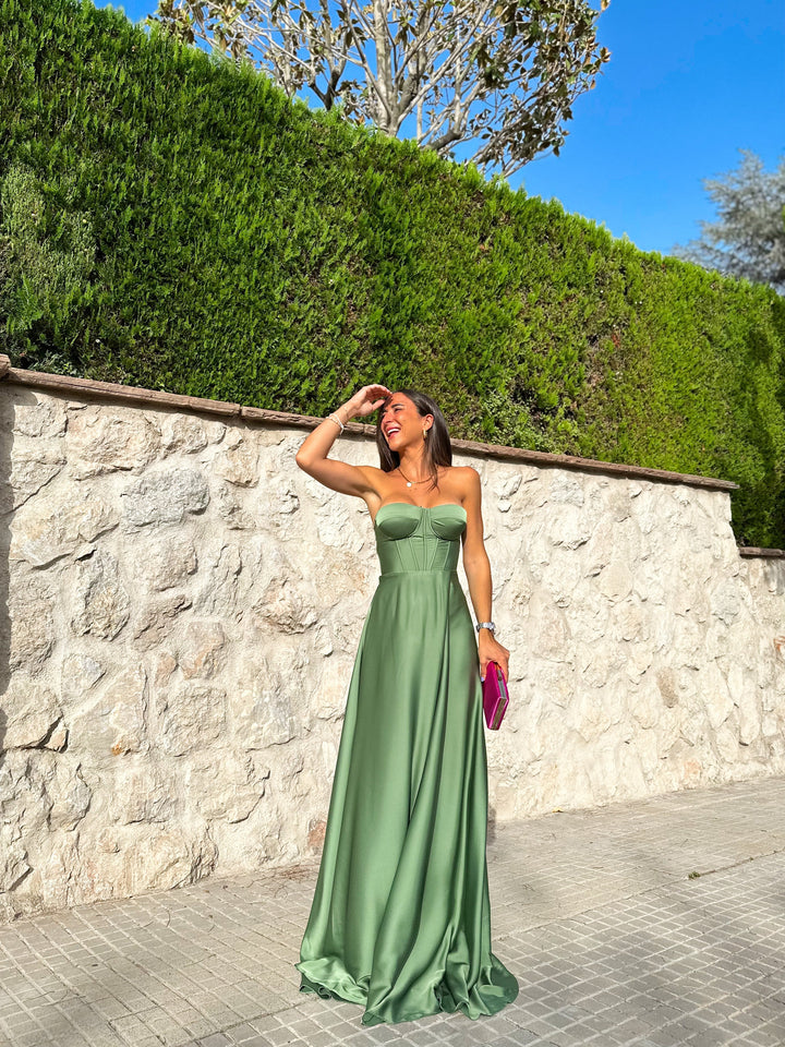 Robe Olive — princesse, corsé laceré, satin, olive
