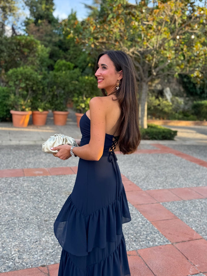 Robe Solange — bustier, volants, crêpe, marine