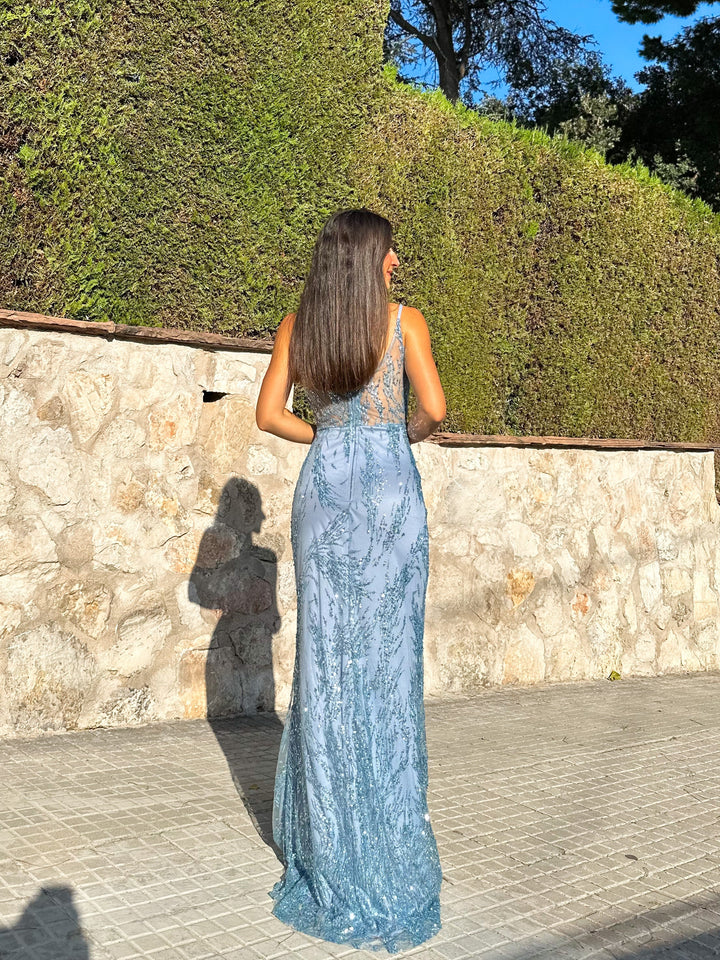 Robe Lune — sirène, corsé strass bleu ciel, col V
