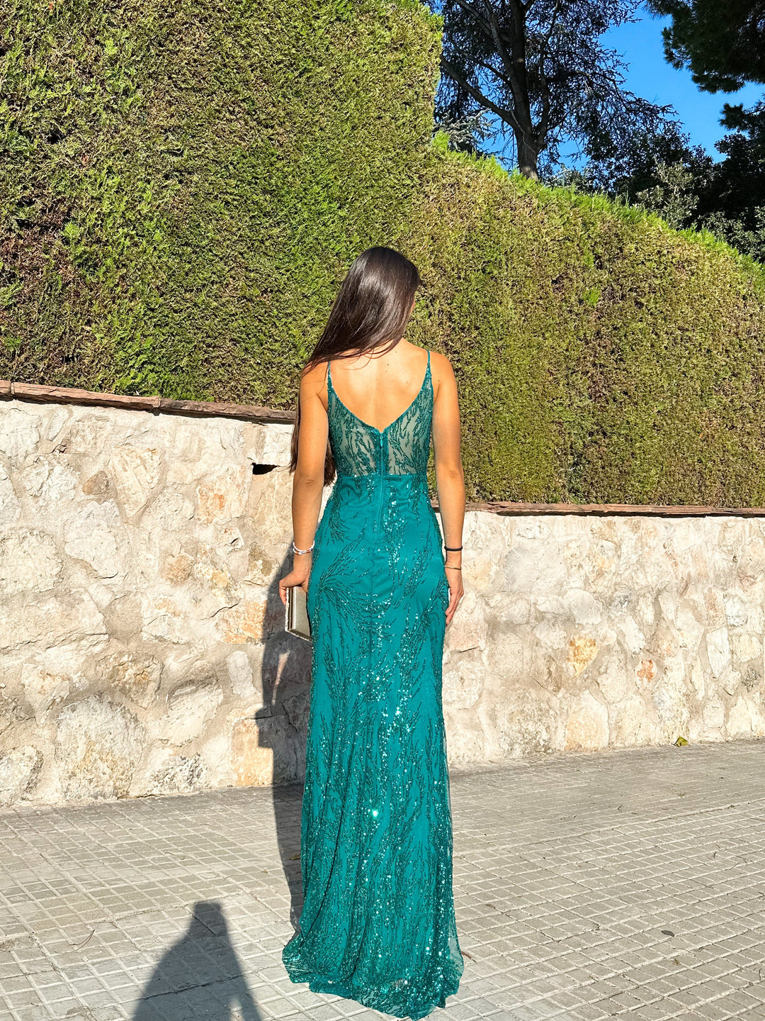 Robe Sylvie — sirène, corsé strass vert bouteille, col V