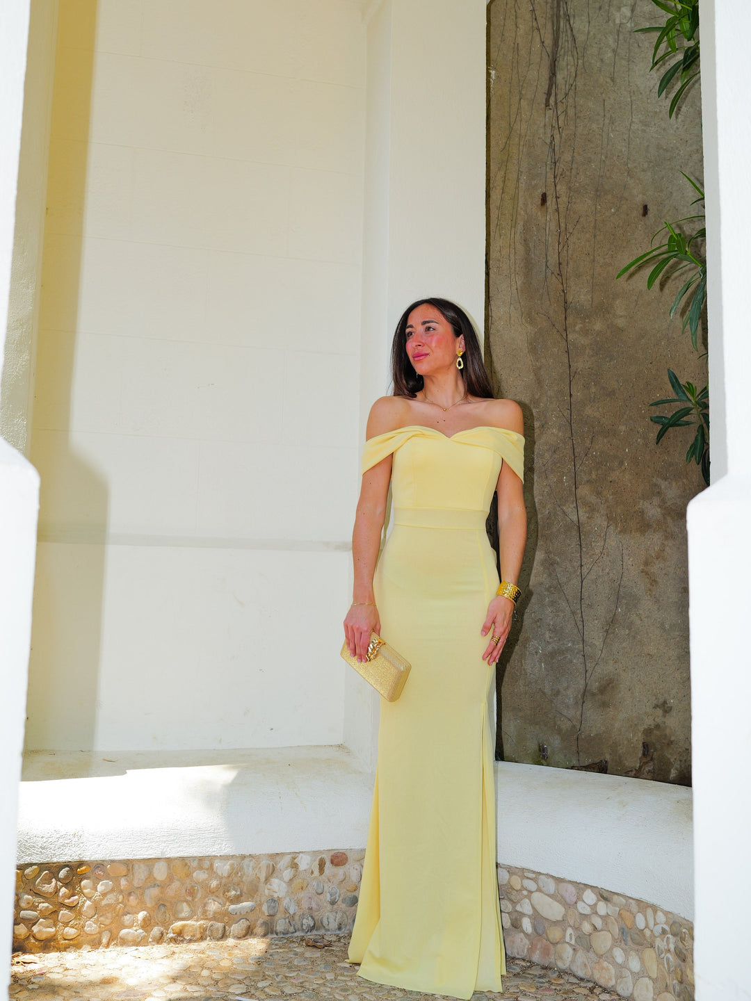 Robe Victoire — bardot, effet nœud, jaune