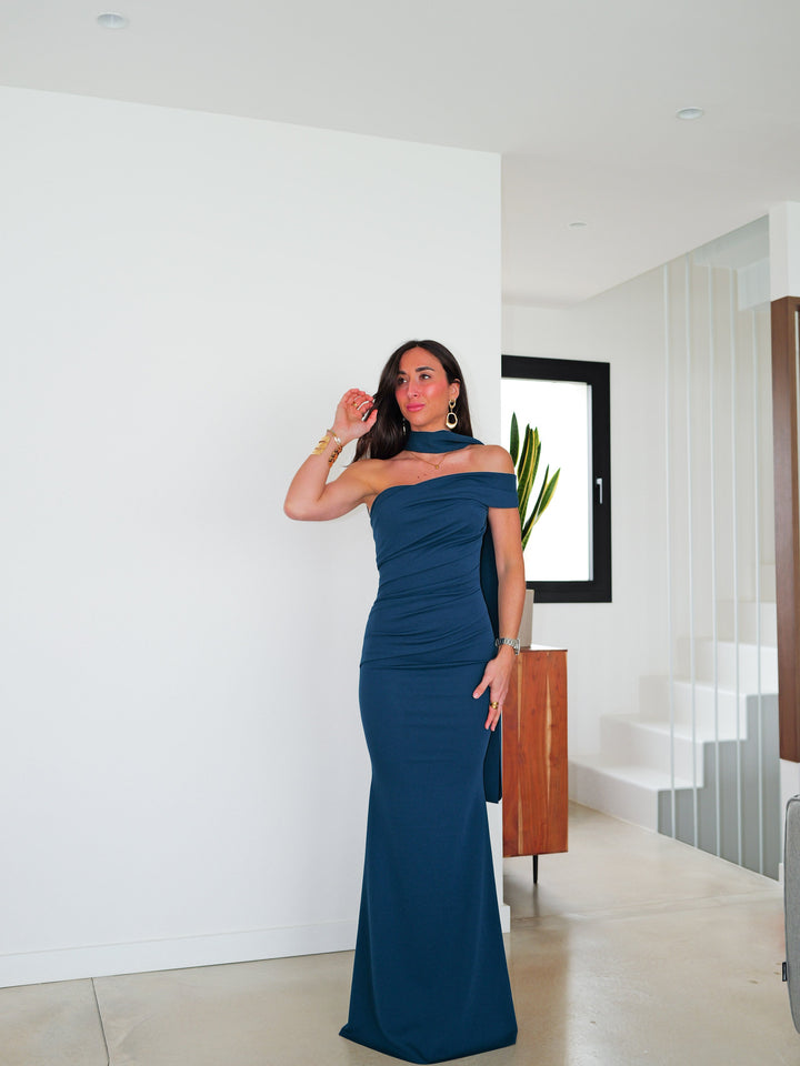 Robe Léa — asymétrique, fronces, choker, pétrole