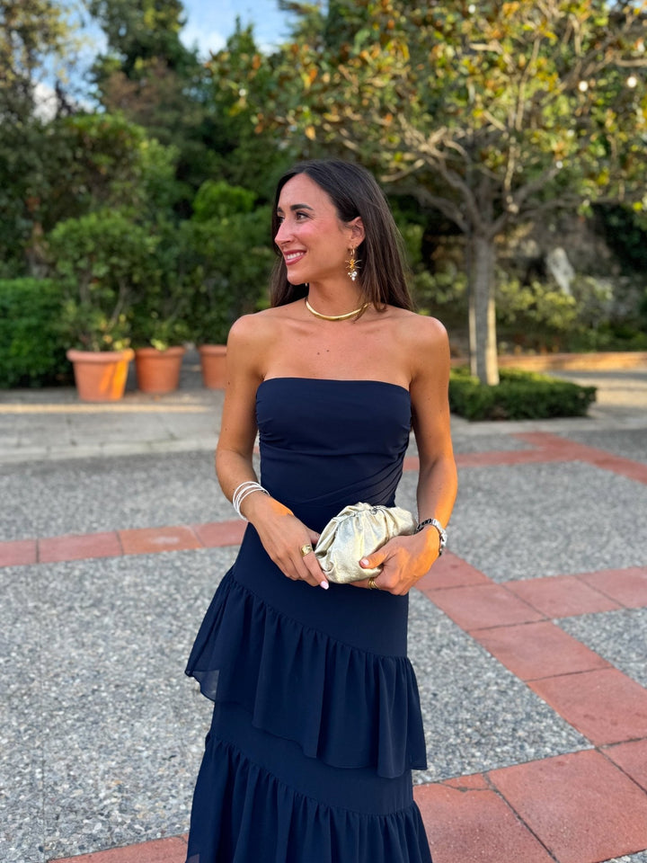 Robe Solange — bustier, volants, crêpe, marine