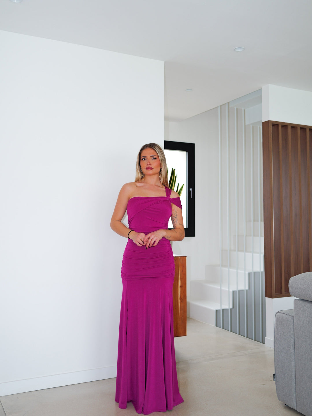 Robe Pivoine — asymétrique, nœud, jupe évasée, bougainvillée