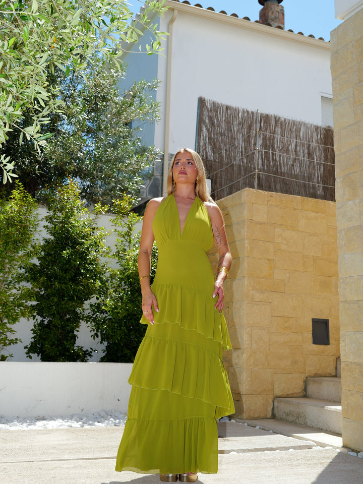 Robe Léonie — col V, volants, dos ouvert, olive