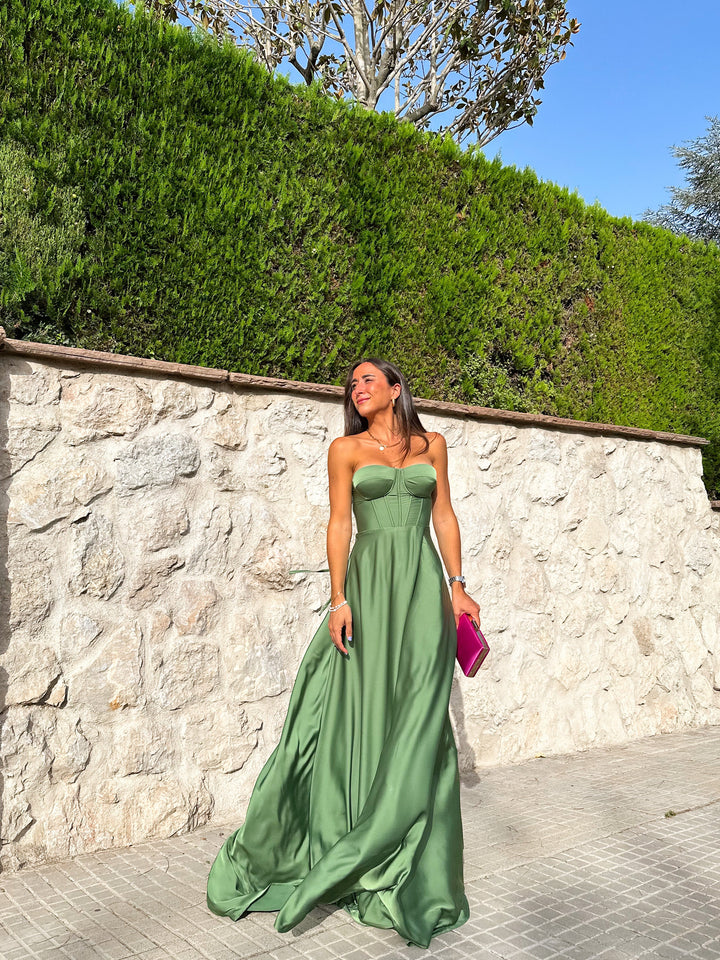 Robe Olive — princesse, corsé laceré, satin, olive