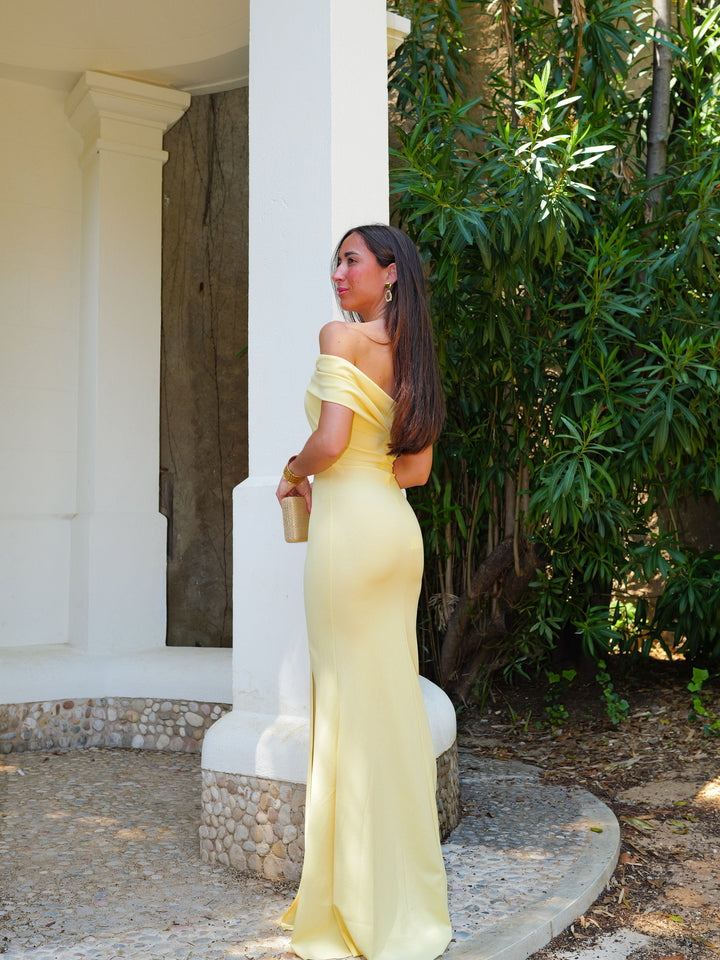 Robe Victoire — bardot, effet nœud, jaune