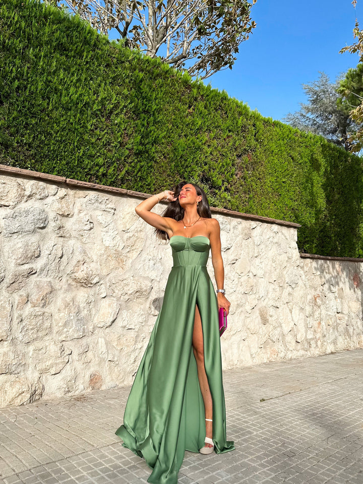 Robe Olive — princesse, corsé laceré, satin, olive