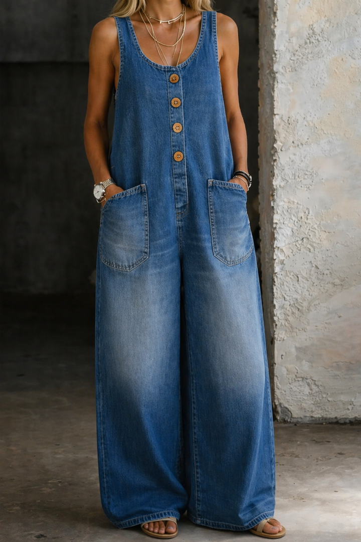 Lora | Combinaison Denim Sans Manches Boutonnée & Grandes Poches