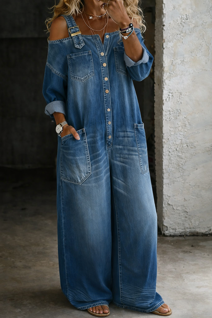 Sophia | Combinaison Denim Épaules Dénudées