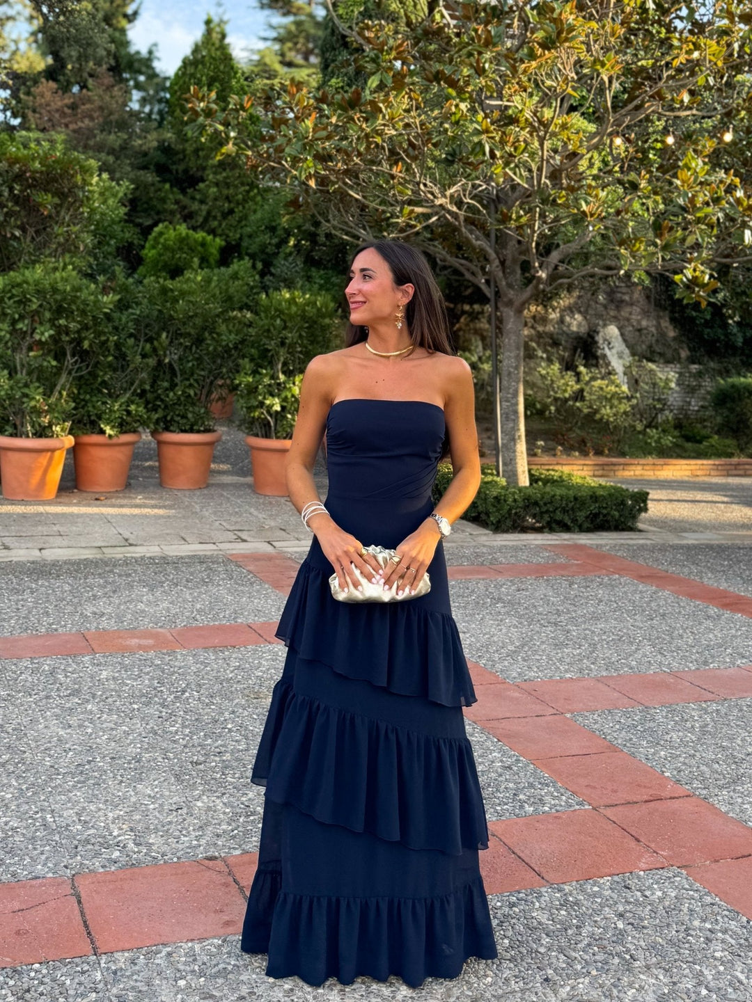 Robe Solange — bustier, volants, crêpe, marine