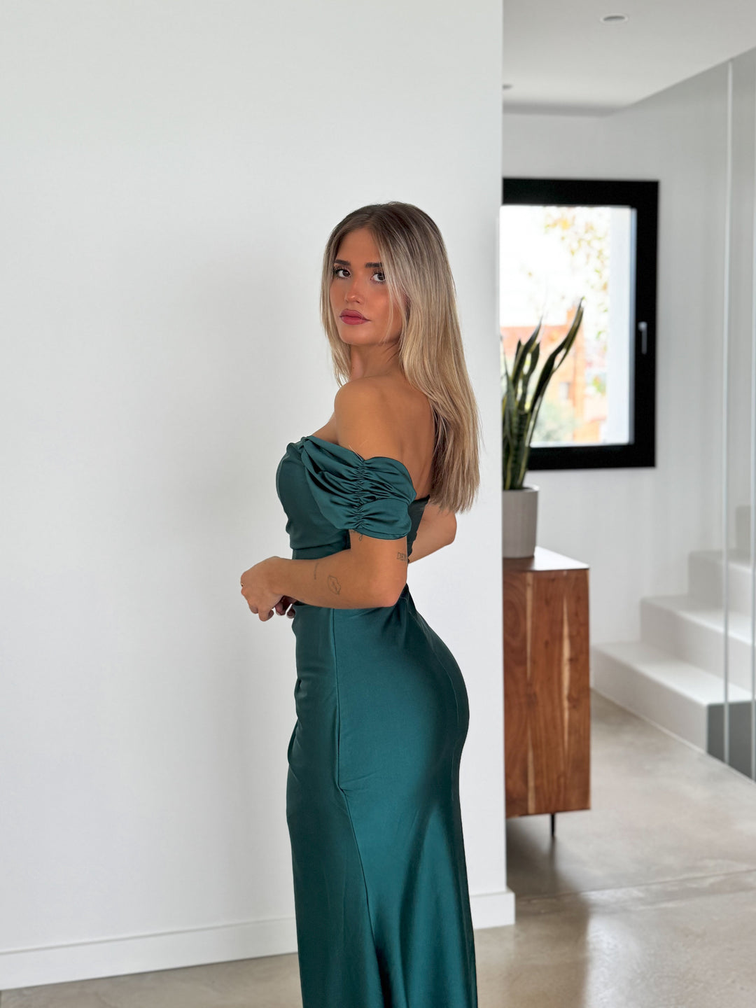 Robe Garance — sirène, manches courtes, vert bouteille