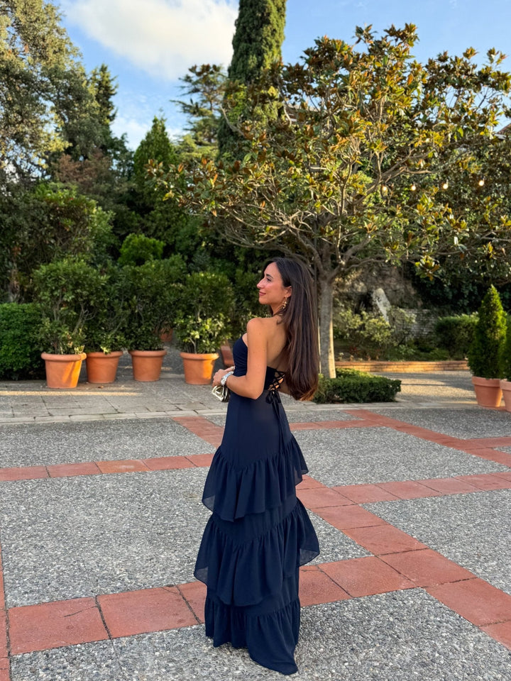 Robe Solange — bustier, volants, crêpe, marine