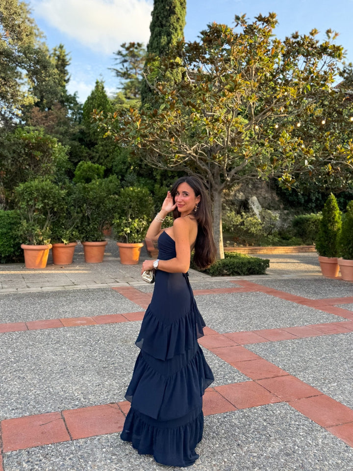 Robe Solange — bustier, volants, crêpe, marine