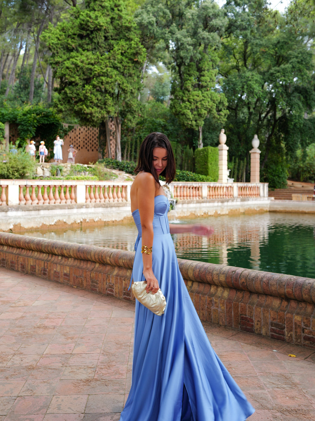 Robe Odette — princesse, corsé laceré, satin, bleu ciel