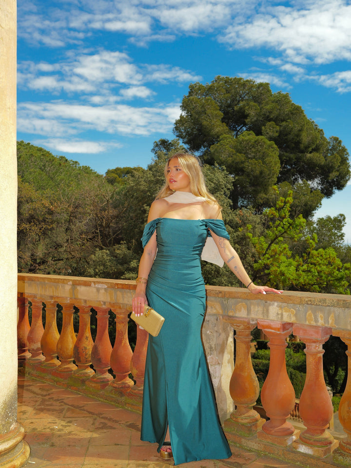 Robe Garance — sirène, manches courtes, vert bouteille