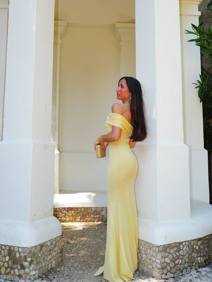 Robe Victoire — bardot, effet nœud, jaune