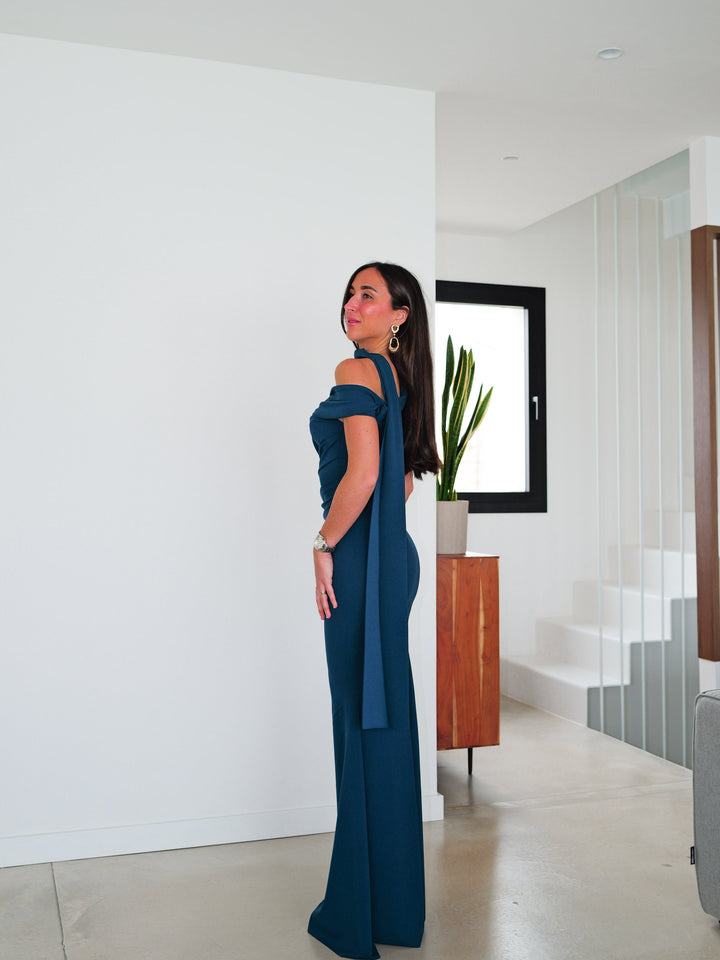 Robe Léa — asymétrique, fronces, choker, pétrole