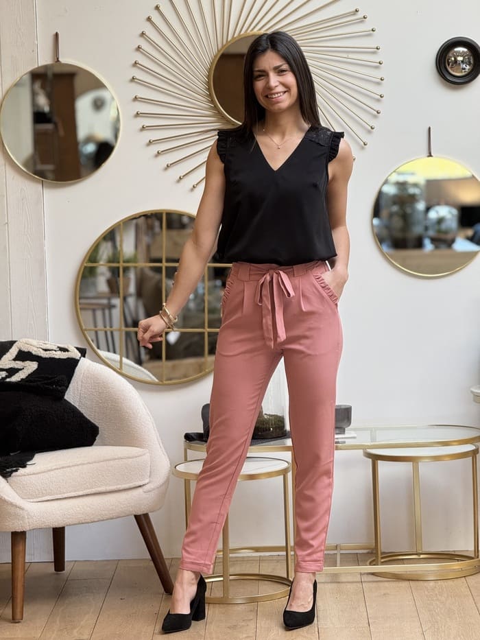 Pantalon Zélie — coupe droite, taille haute, ceinture à nouer