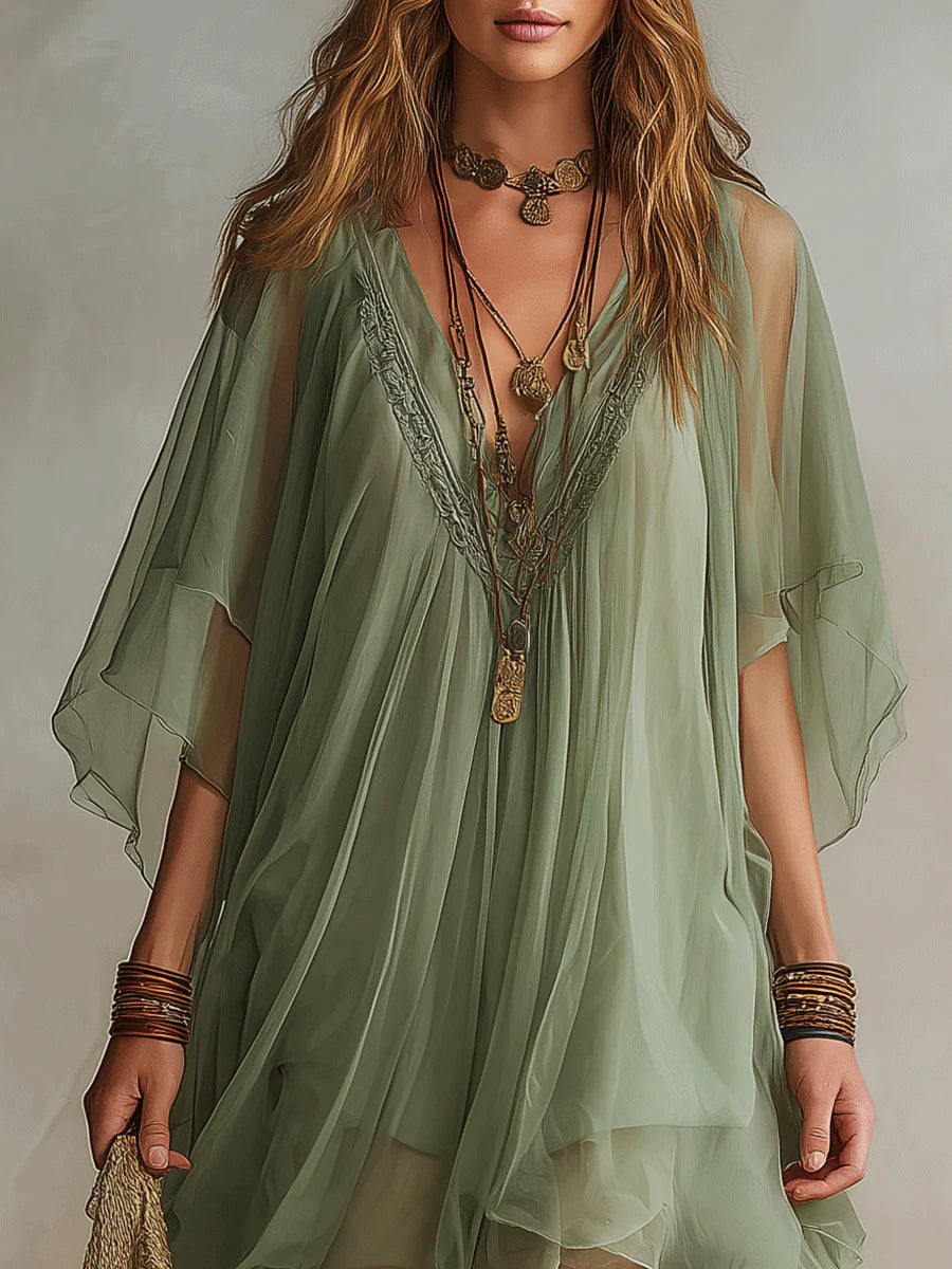 Mini Robe Émeraude — col en V, volants superposés
