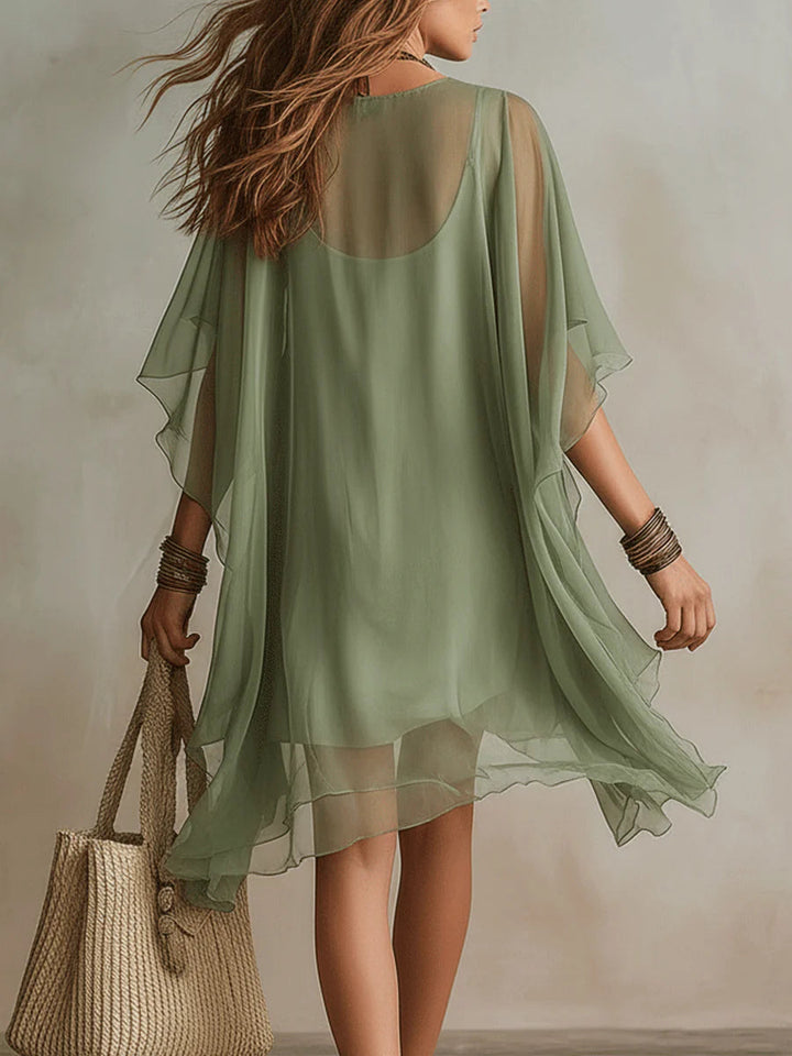Mini Robe Émeraude — col en V, volants superposés